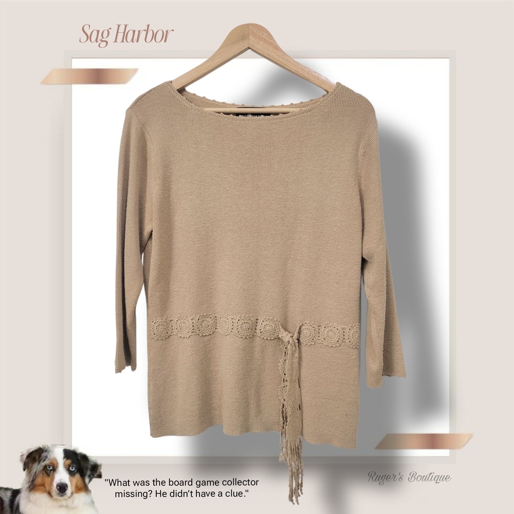 🌿Sag Harbor Women's Medium Tan Knit Crochet Tie Waist Sweater - Picture 11 of 11
